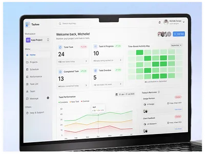 Tazkee - Project Management Dashboard admin app clean dashboard design framer light performance project management saas schedule stats task management team template ui ux web design webflow workflow