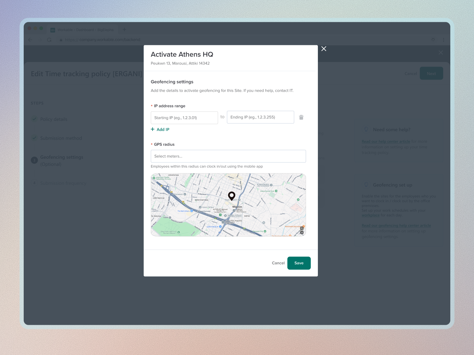 Geofencing set up in Time Tracking policies