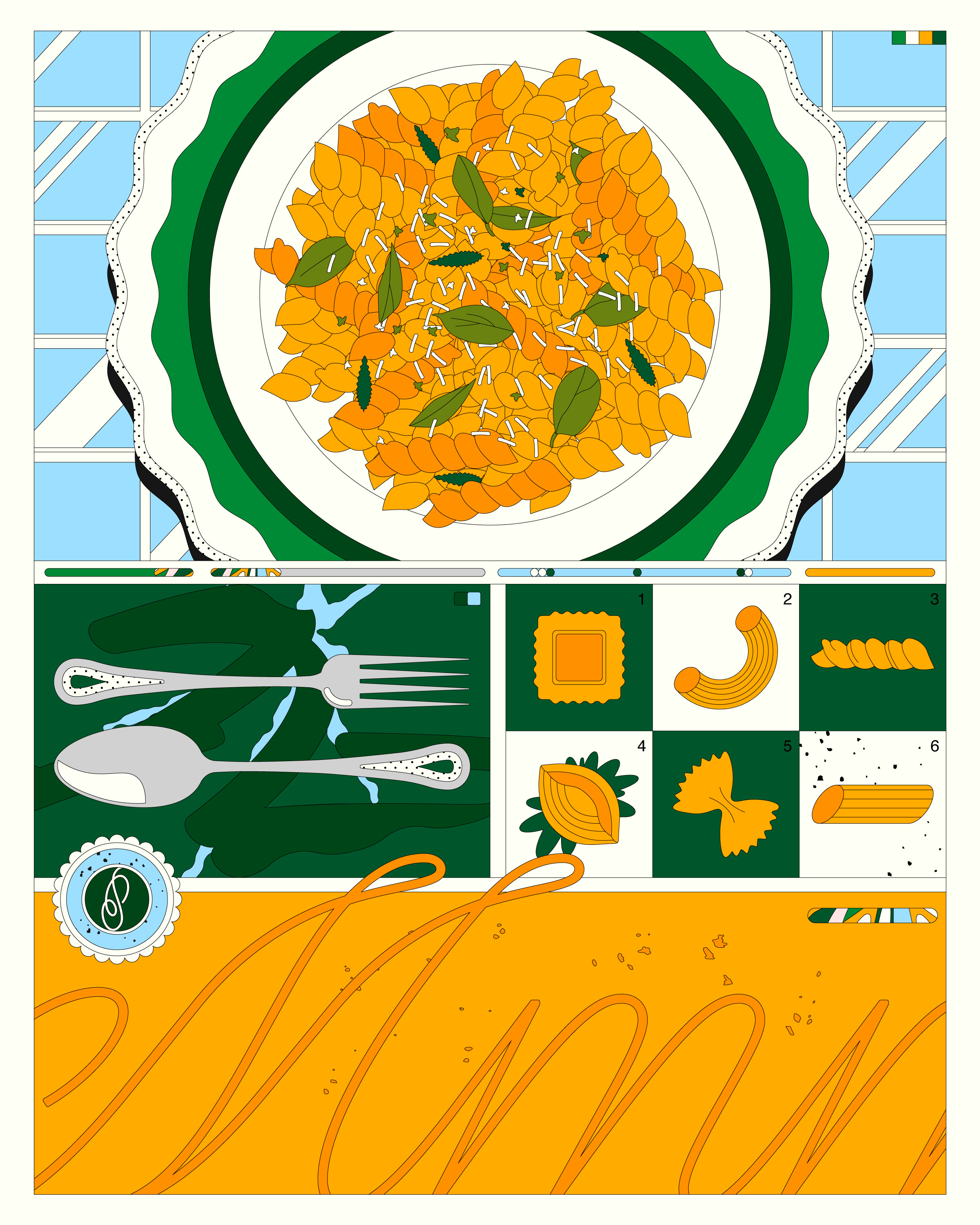 Pasta! branding color palette colorful cooking culinary food food brand food design foodie fussili graphic design pasta pasta bar pasta brand restaurant vector art