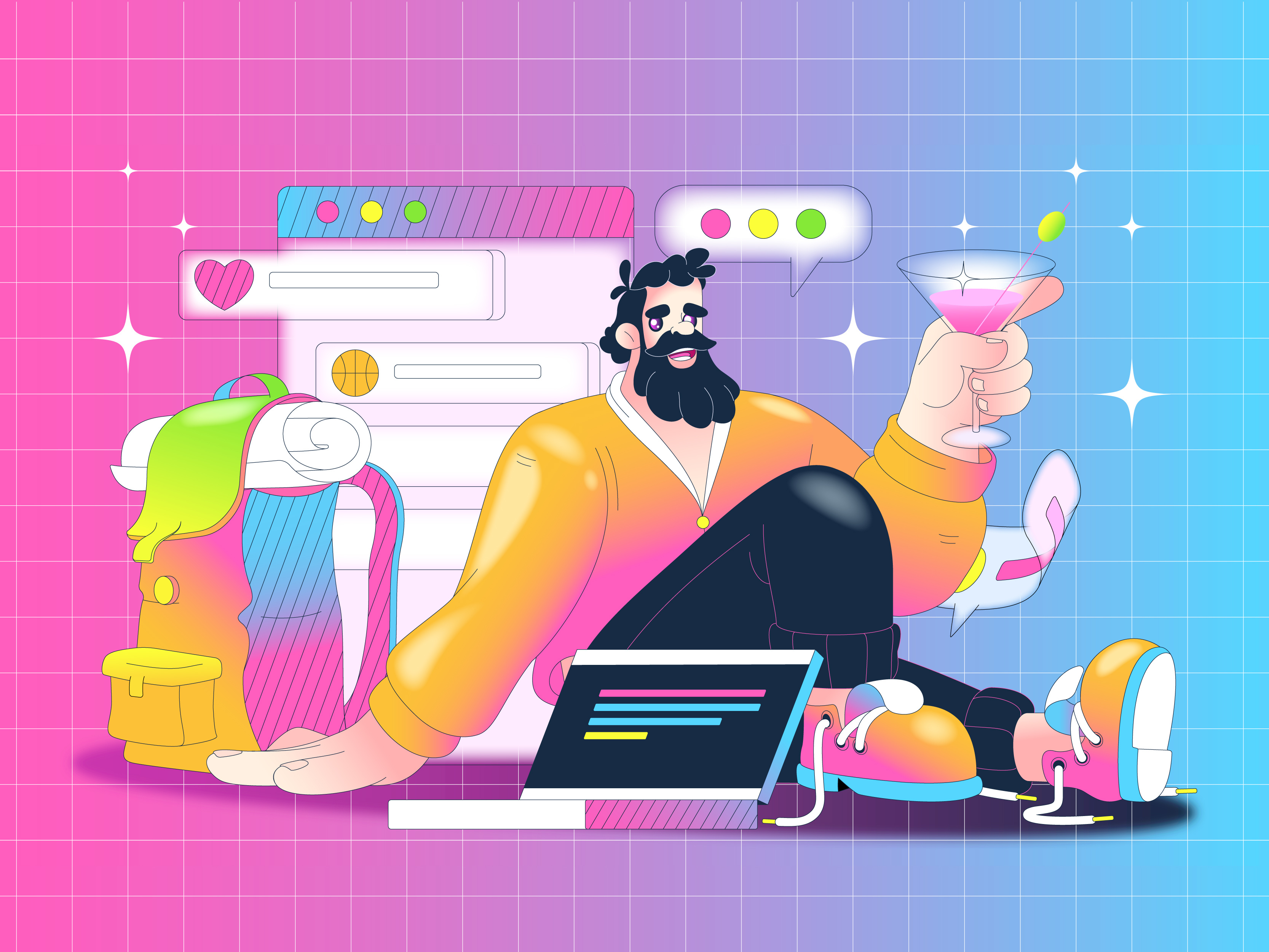Work Hard, Sip Harder - Work-Life Balance Illustration 2d illustration adobe illustration character character design characterdesign cheers flat illustration illustration man neon colors travel vector vector art vector illustration web illustration work life balance