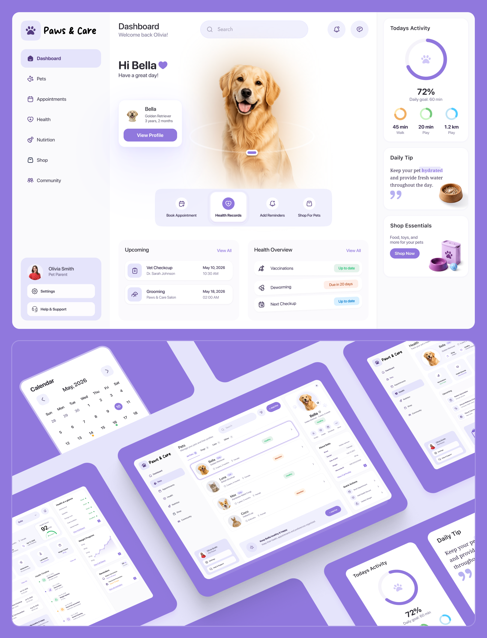 Pet Care Dashboard UI – Modern SaaS App Design app design dashboard design graphic design mobile app design product design saas ui design user interface ux design web design