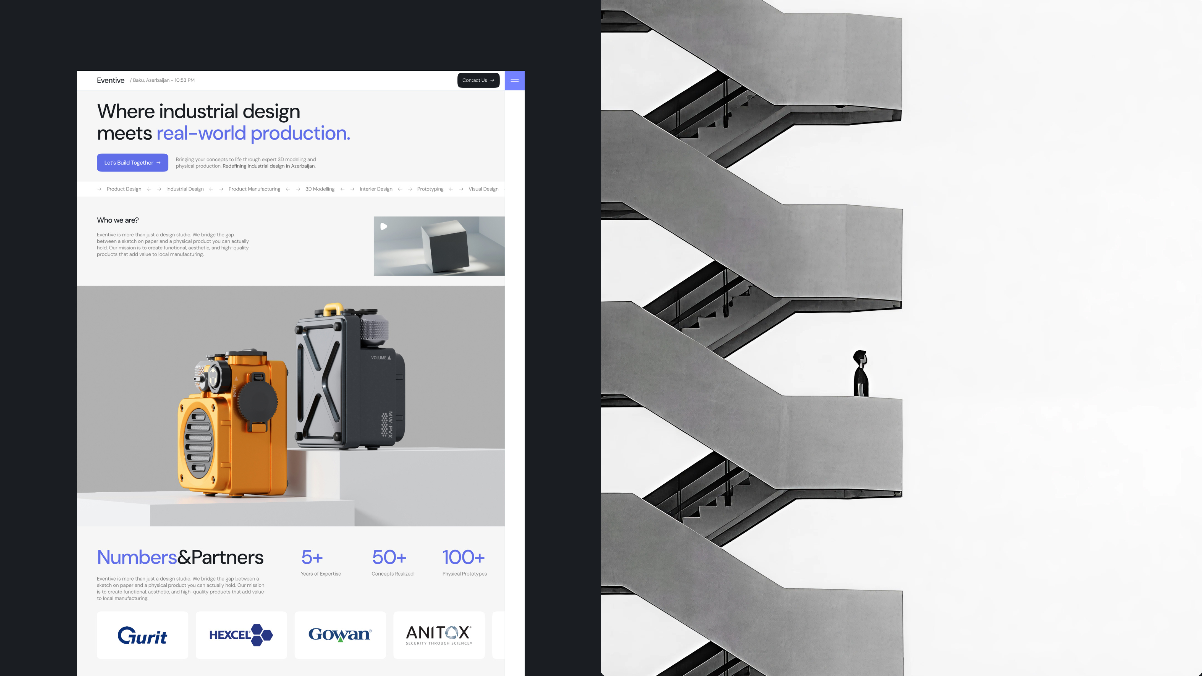 Eventive Industrial Design Studio - Website [UX/UI Design] 3d animation blue design hero industrial design light motion graphics product purple ui website