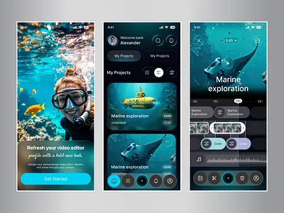 Ocean-Inspired Video Editing Mobile App Design app design cinematic ui creative app creative workflow dark ui editing app glassmorphism gradient ui media app mobile app ui mobile ui design modern ui ocean theme ocean ui timeline editor ui inspiration ux design video editing ui video editor app video tools