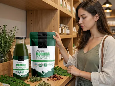 Organic Moringa powder packaging branding design graphic design illustration label design moringa moringa packaging organic powder packaging packaging design pouch design pouch label pouch packaging powder packaging product label design