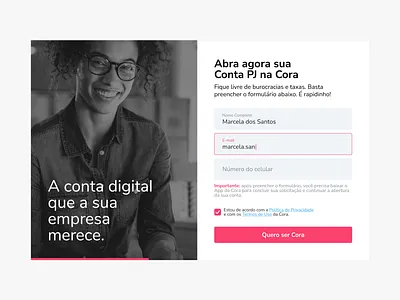 Cadastro na Cora account conta pj cora design form login page register sign up ui