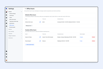 Manage Office hours - NamiQ App business hours chatbot create crm dashboard date date time picker dialog interface modal office hours operating schedule settings setup table time ui design ux design workspace