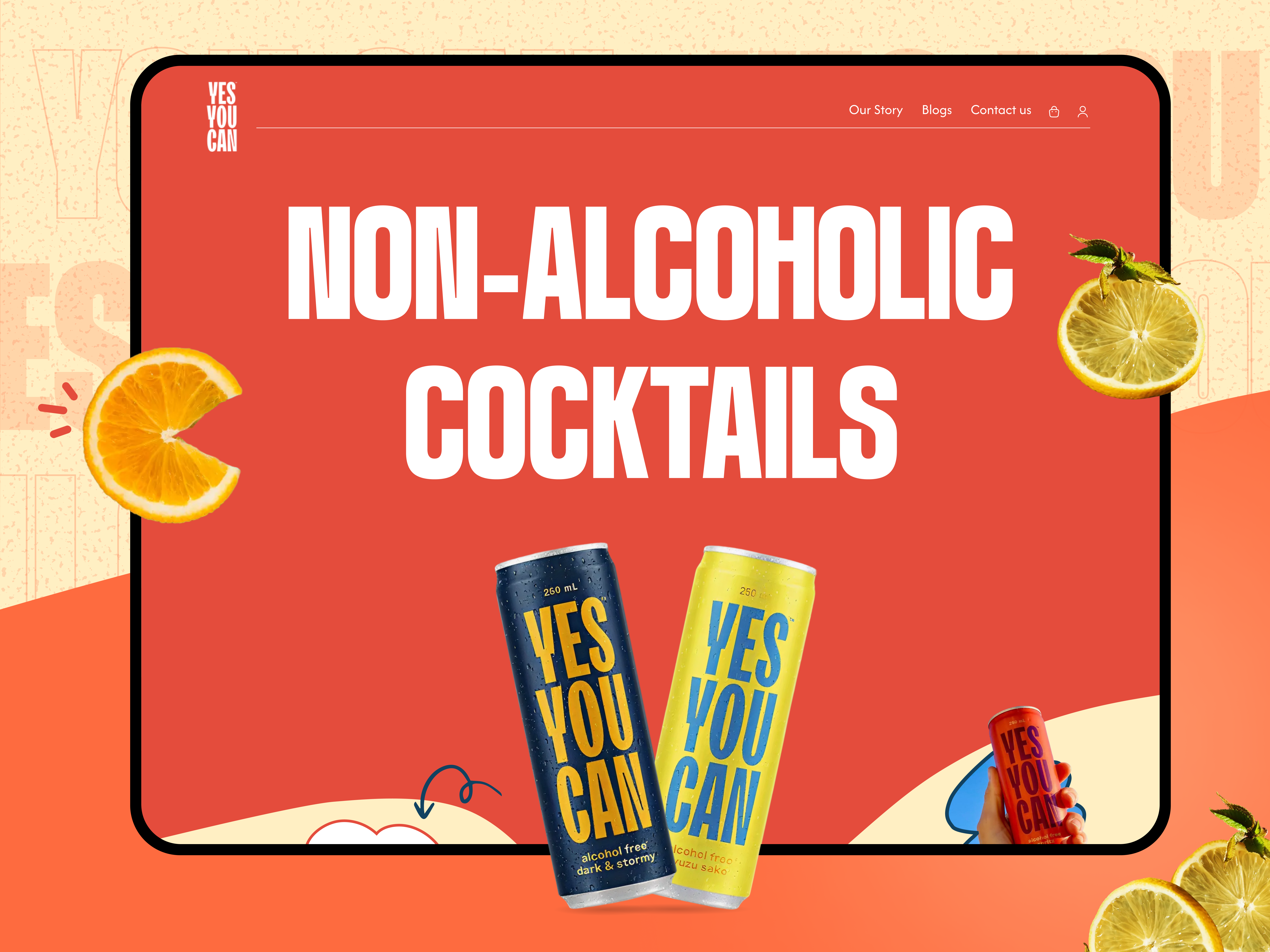 Yes You Can Non-Alcoholic Cocktail 3d animation branding ecommerce website food graphic design landing page logo motion graphics product design ui ui ux ux design web design website design