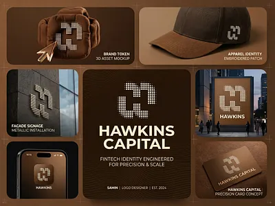 Hawkins Capital — Fintech Identity Engineered for Precision b2b saas branding capital brand identity corporate identity system earth tone brand palette exclusive logo for sale. fintech logo design halftone logo mark investment firm visual system luxury fintech aesthetic modern finance logo pixel grid monogram precision logo design premium brand identity professional brand designer startup financial branding strategy led design venture capital branding