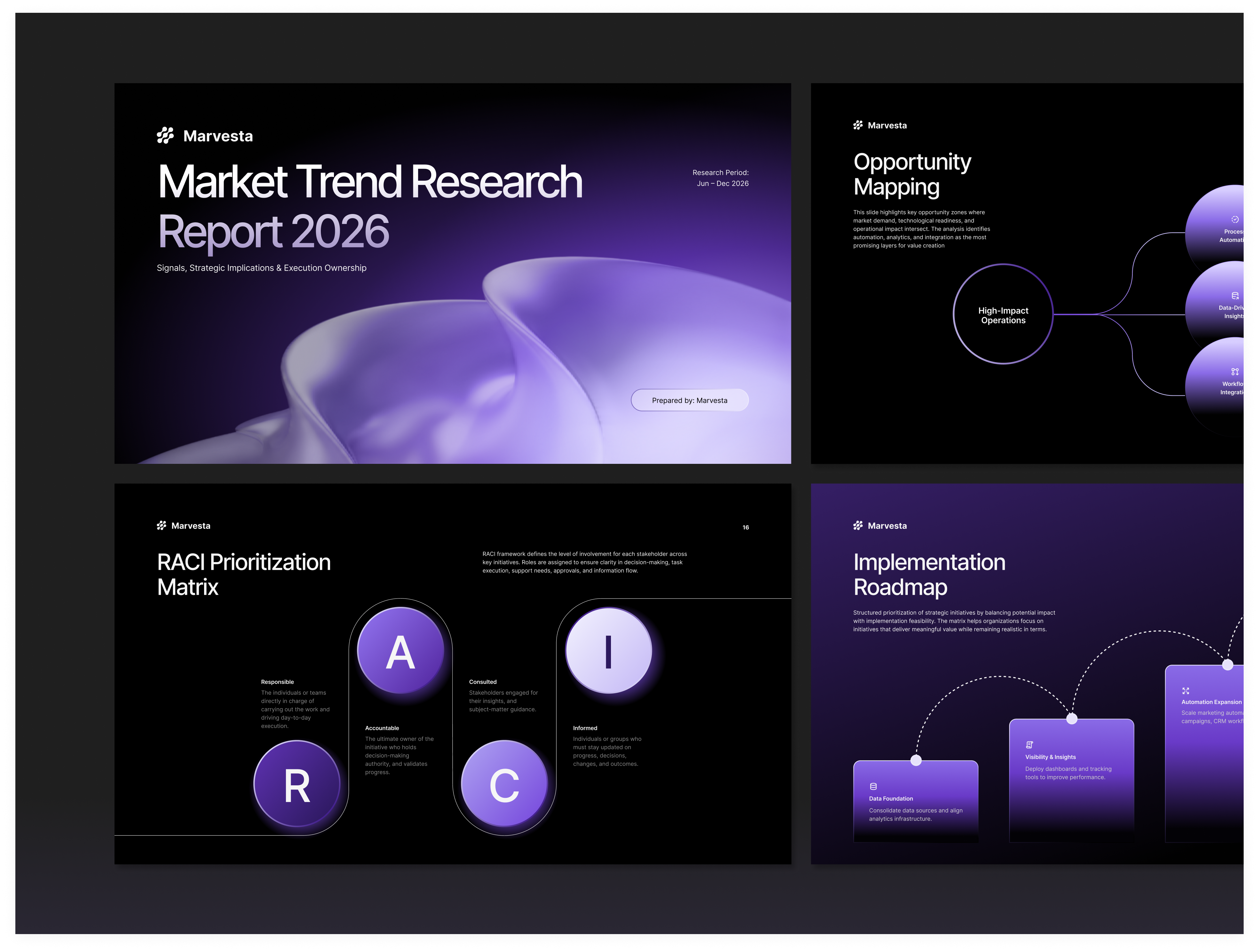 Market Trend Research Report Pitch Deck business chart dark mode data deck design gradient graphic design market pitch deck presentation purple report research slide trend