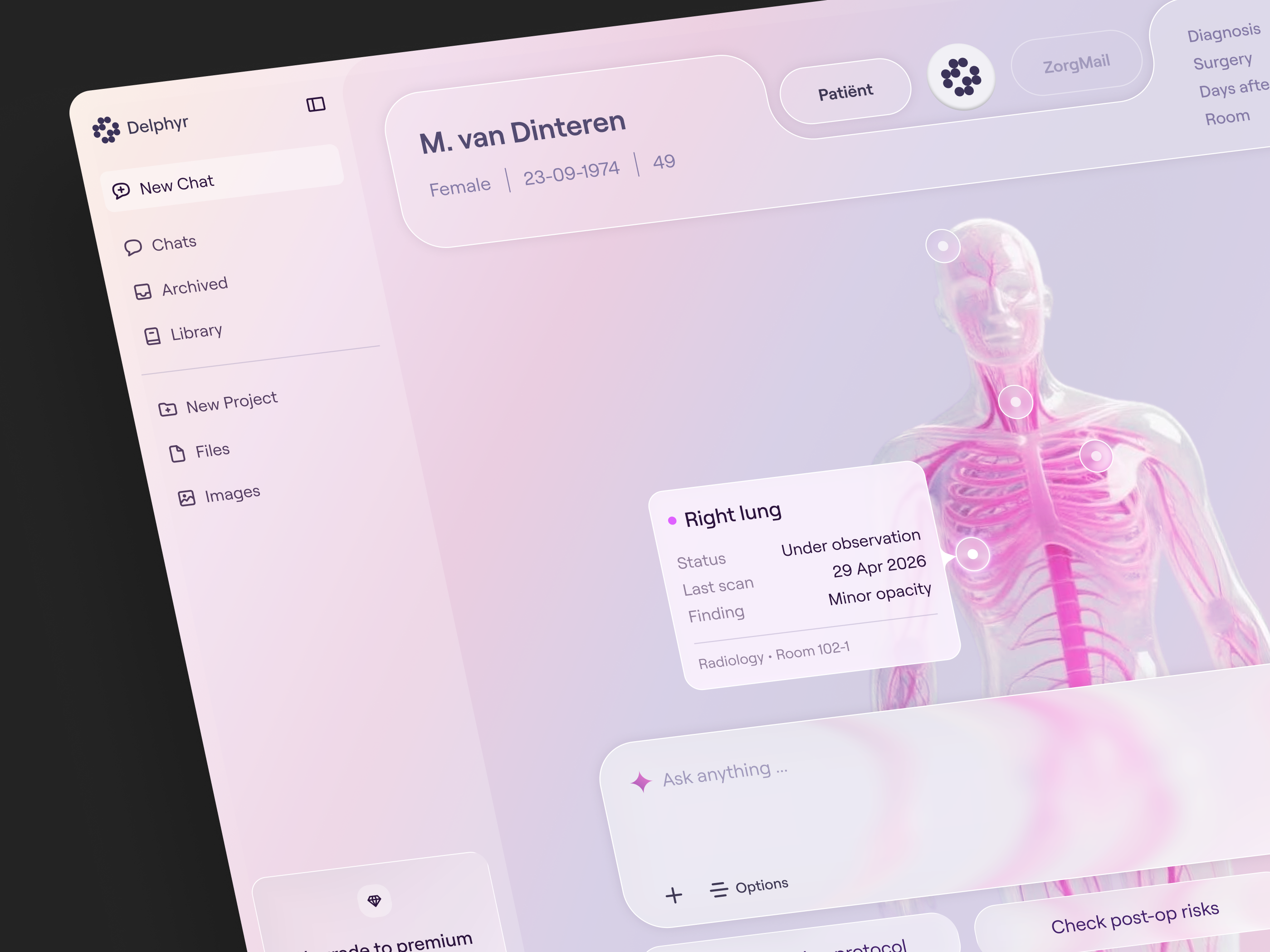 Healthcare AI Platform — 3D Patient Dashboard UI Design 3dvisualization adminpanel aiassistant aimedical b2bsaas clinicaldashboard complexui dashboard glassmorphism gradientui healthcare healthtech lightui medicalapp patientmanagement pinkui productdesign radiology saasdesign webdesign