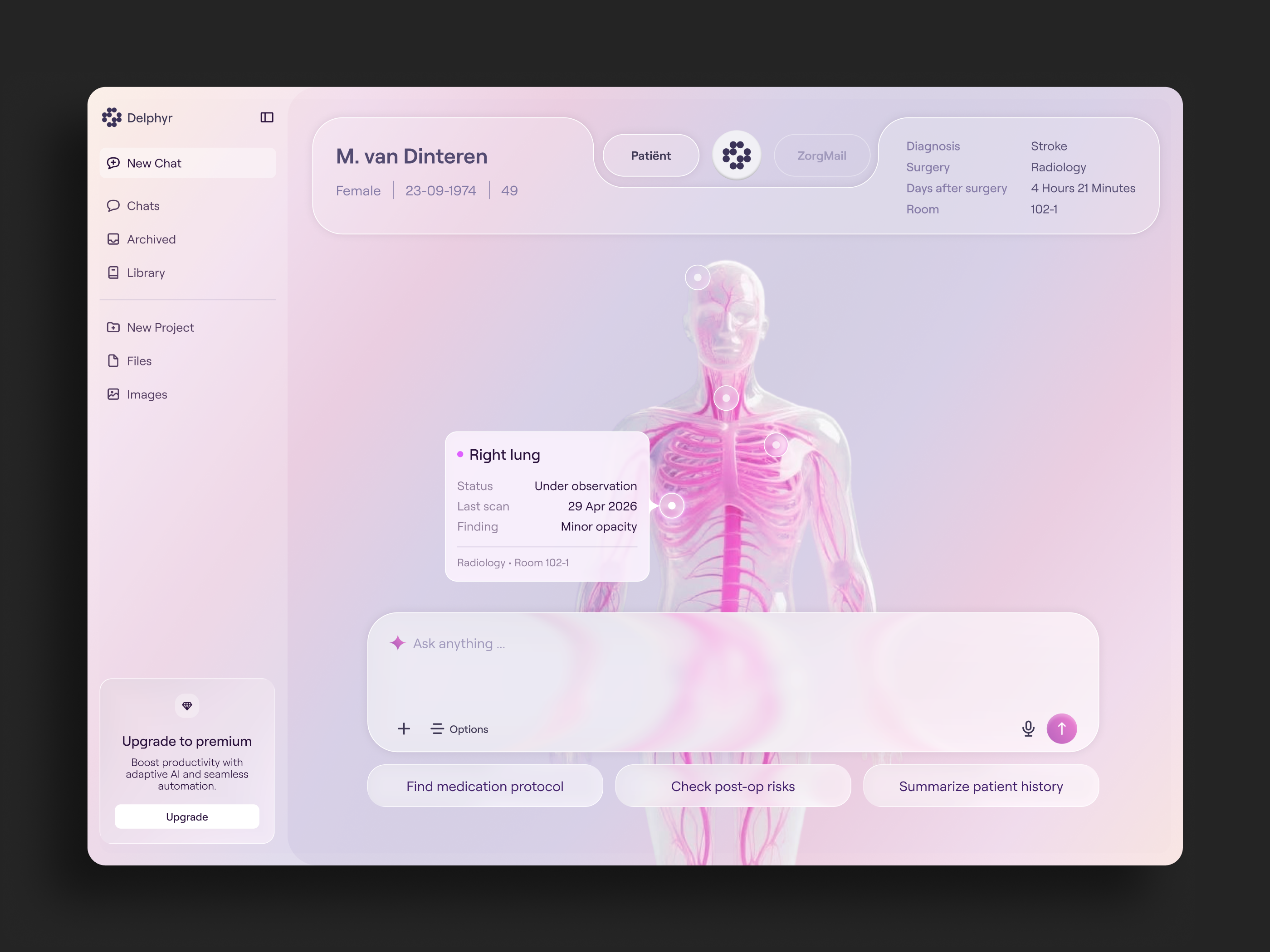 Healthcare AI Platform — 3D Patient Dashboard UI Design 3dvisualization adminpanel aiassistant aimedical b2bsaas clinicaldashboard complexui dashboard glassmorphism gradientui healthcare healthtech lightui medicalapp patientmanagement pinkui productdesign radiology saasdesign webdesign