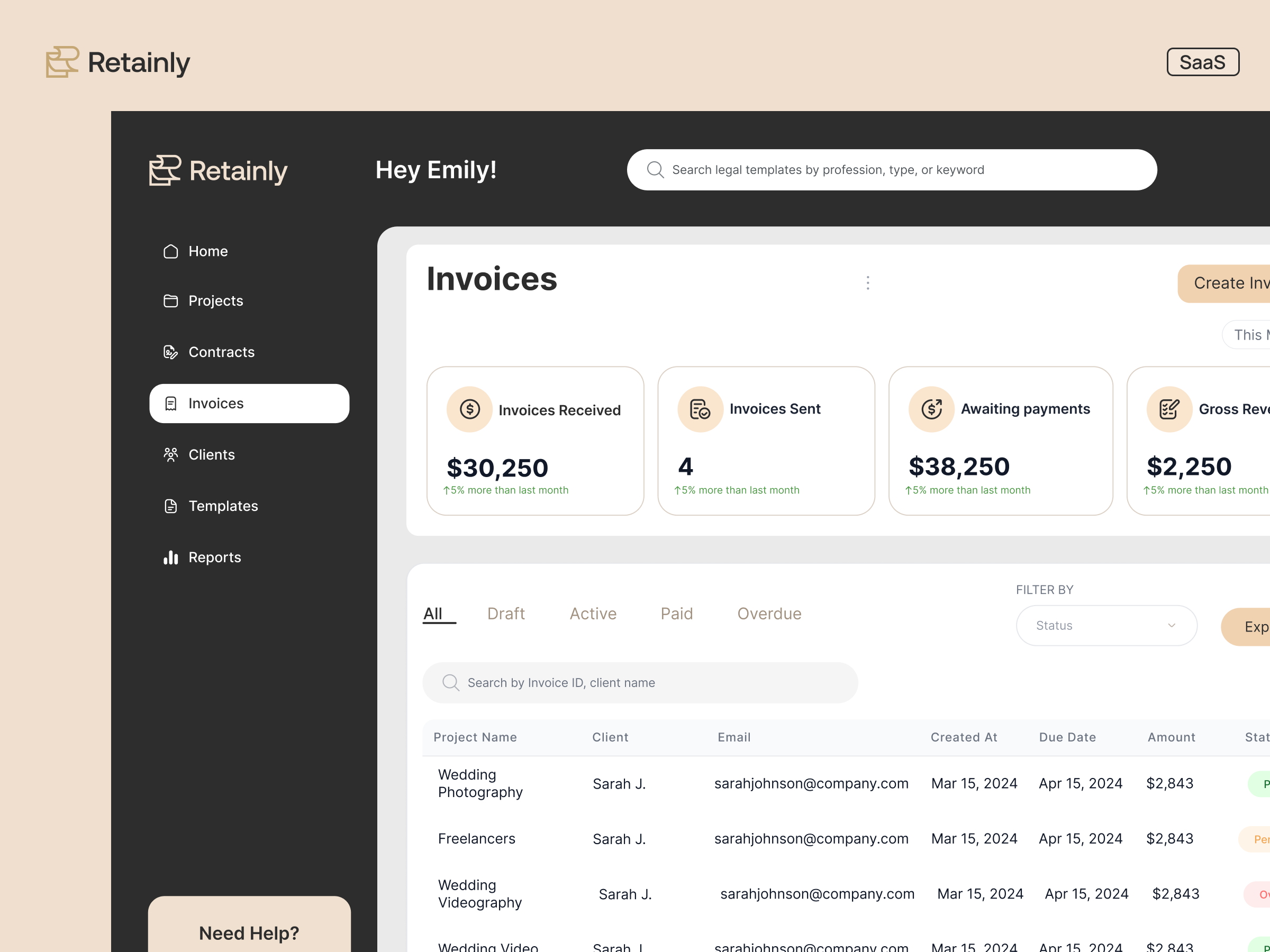 Retainly — Invoices, Clients & Templates Management UI dashboards designs figma design products projects saas teach ui ui design uiux ux