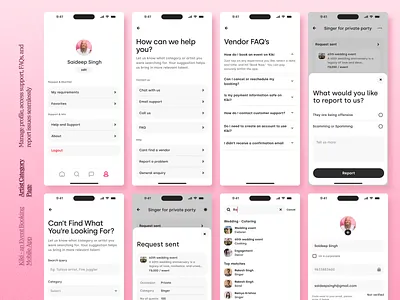 KIKI – Event Booking Mobile App | Profile, Support & Help Center bottomsheet cleanui customersupport faq formdesign helpcenter interactiondesign minimal mobileui productdesign profileui settings supportui ui uidesign userflow ux uxdesign webapp webdesign