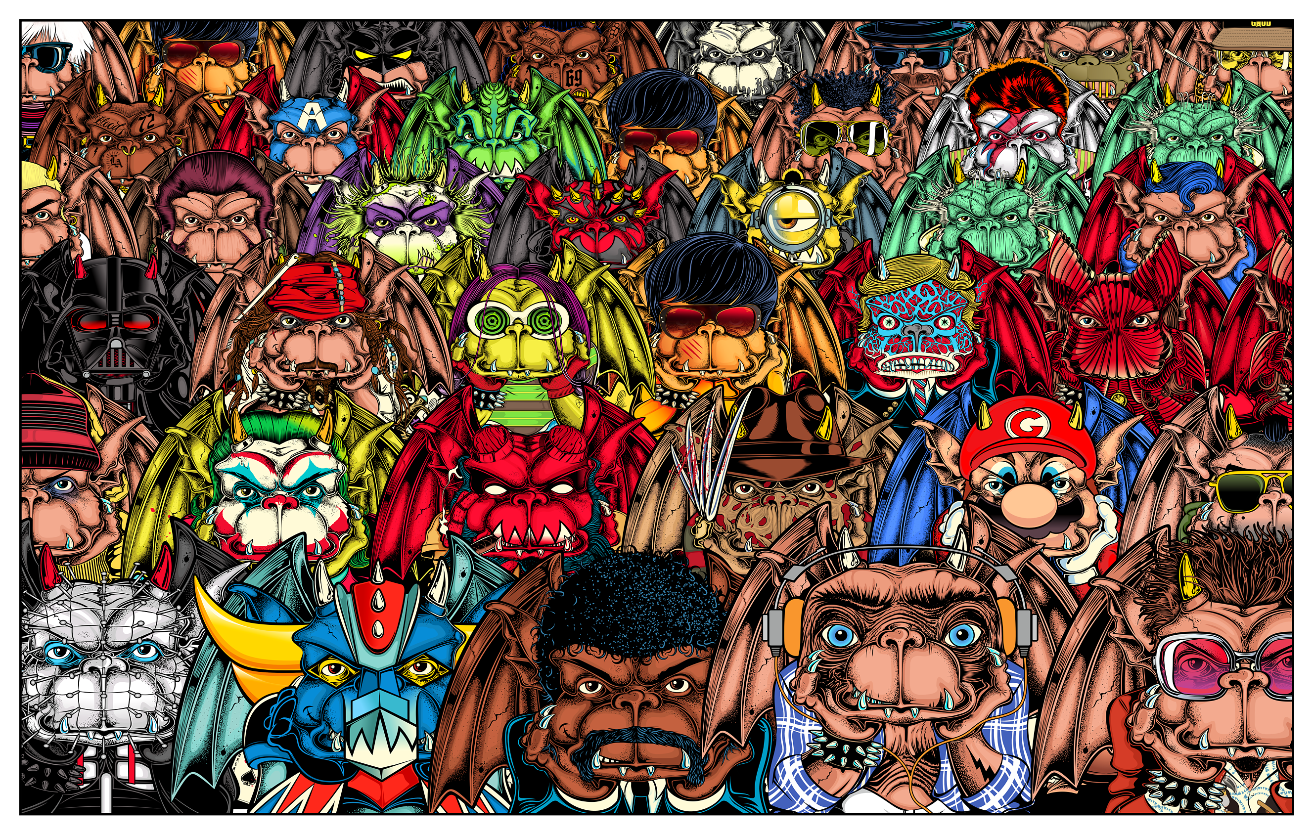 GARGOYLE INVASION cartoon art character design comic style creature design crowd illustration dark cartoon david vicente detailed artwork digital art digital illustration fantasy illustration funny monsters gargoyles illustration inking lowbrow art monster army monsters pop culture weird art