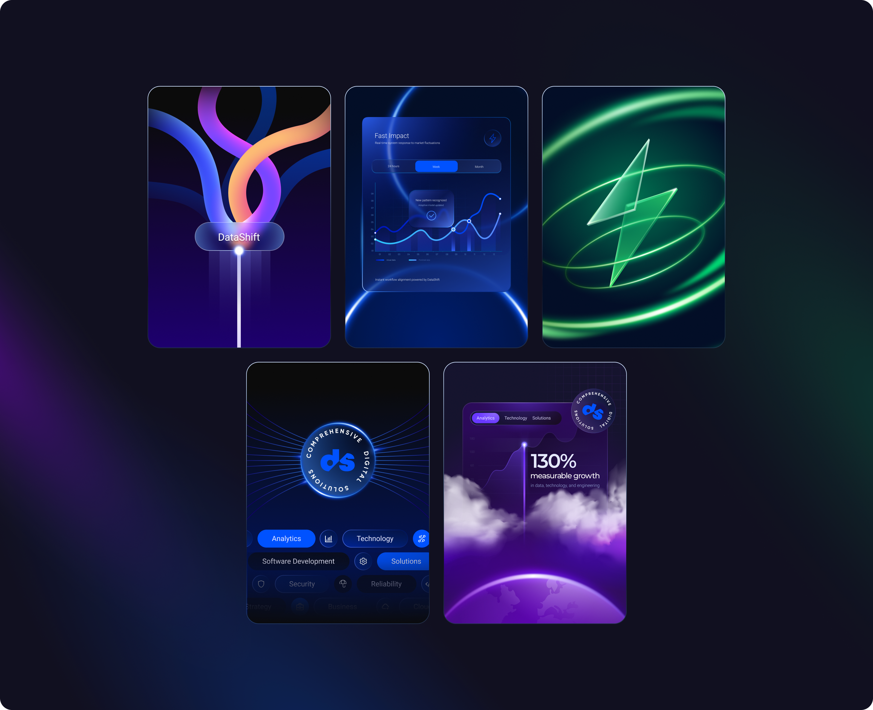 Set of UI illustrations: data, impact, growth, energy