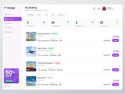 Voyago - My Booking Page adminpanel book online booking booking page cleandesign dashboard design desktop minimalist moderndesign saas travel typography ui uidesign uiux ux uxdesign webdesign website