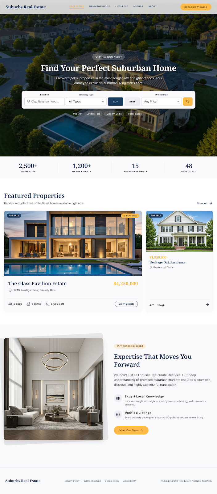 Suburbs Real Estate Properties Website Design UI home buying app design house hunting ui housing market ui modern real estate ui property listing design property management ui property search ui property website design real estate agency website real estate dashboard real estate landing page real estate portfolio design real estate ui real estate ux real estate web development suburban homes suburban living real estate suburban property website suburbs real estate web design for realtors