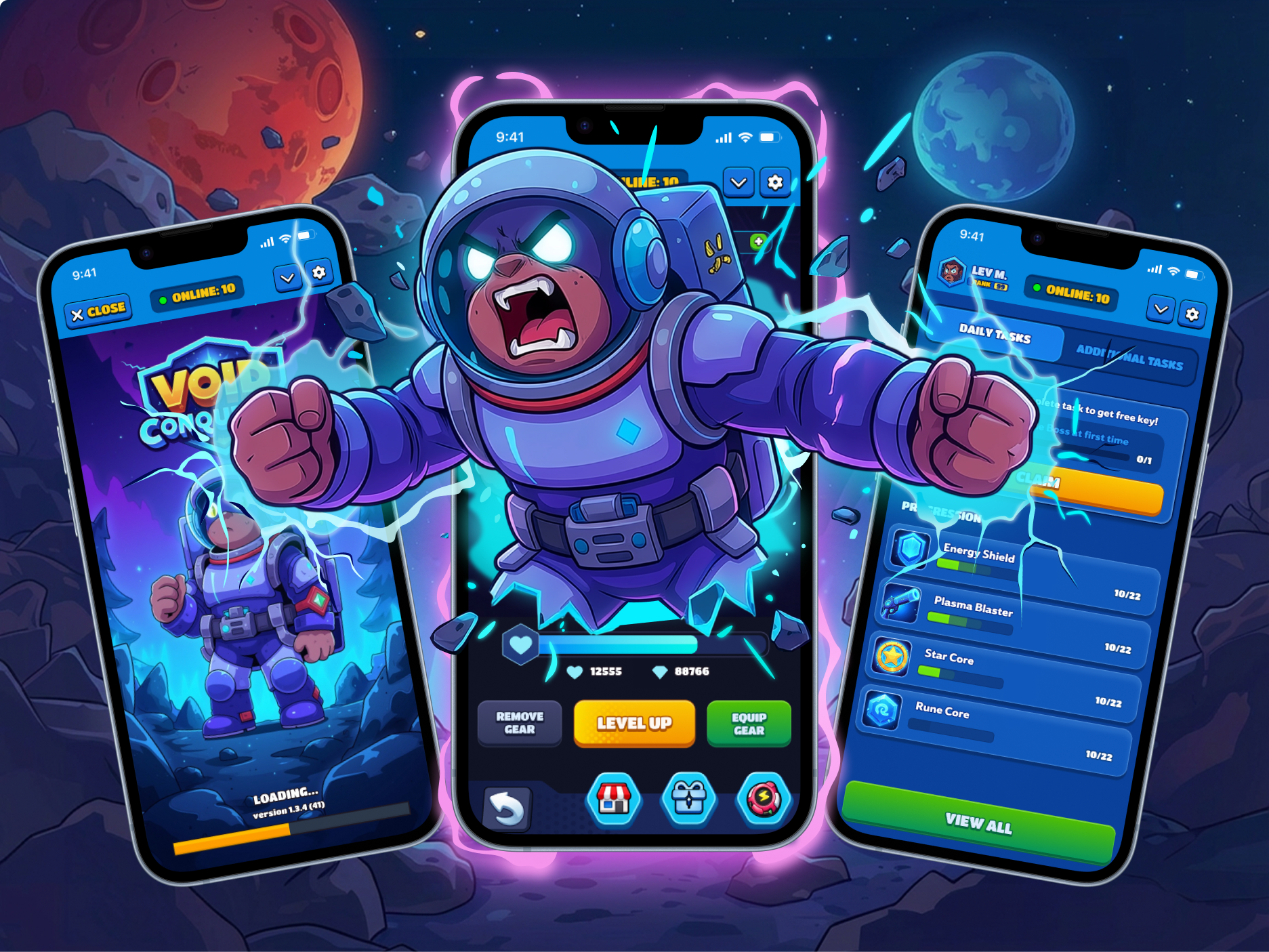 Full Mobile Game Experience | Void Conqueror 2d art cartoon style casual game character design game design game ui gamification idle game interface design mobile game sci fi space game ui kit ui system uiux