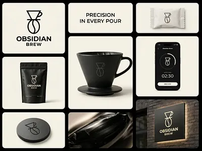Obsidian Brew — A Premium Coffee Shop Identity ai brand mockup artisan coffee brand brand identity coffee brewing app ui coffee shop logo design exclusive logo for sale. geometric coffee logo high end cafe branding matte black coffee packaging minimalist cafe visual system modern roastery identity monolinear coffee mark pour over coffee icon premium cafe signage specialty coffee branding strategy led coffee brand tech driven coffee shop