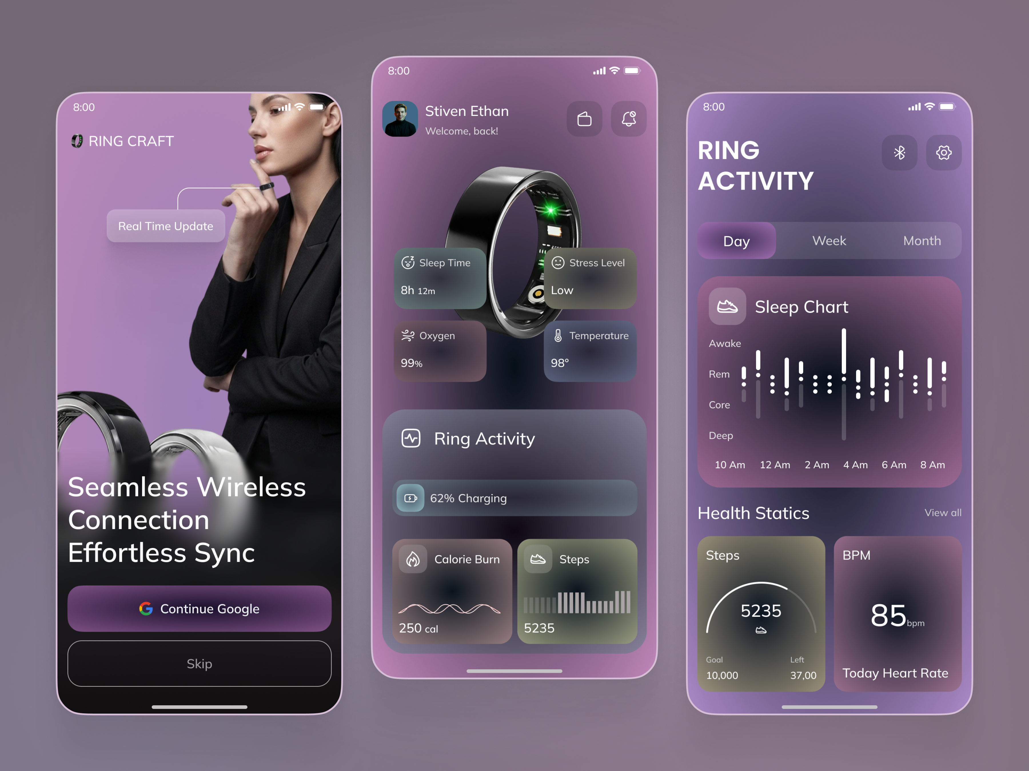 Smart Ring App ai app design clean ui data visualization digital product fitness app health app health tracking healthcare ui ios mobile app modern ui sleep tracker smart ring startup app ui ux wearable app wearable tech wellness app