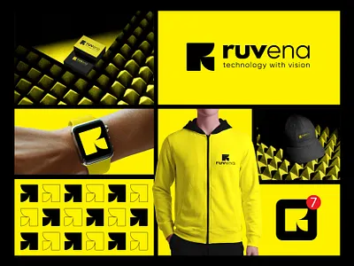 Modern R Letter Logo Design | Tech Brand Identity, Ruvena appbranding boldbranding brandidentity branding cleanlogo futuristic graphicdesign letterlogo logo logodesign logomark logotype minimallogo modernlogo rlogo startupbranding techlogo visualidentity yellowblack