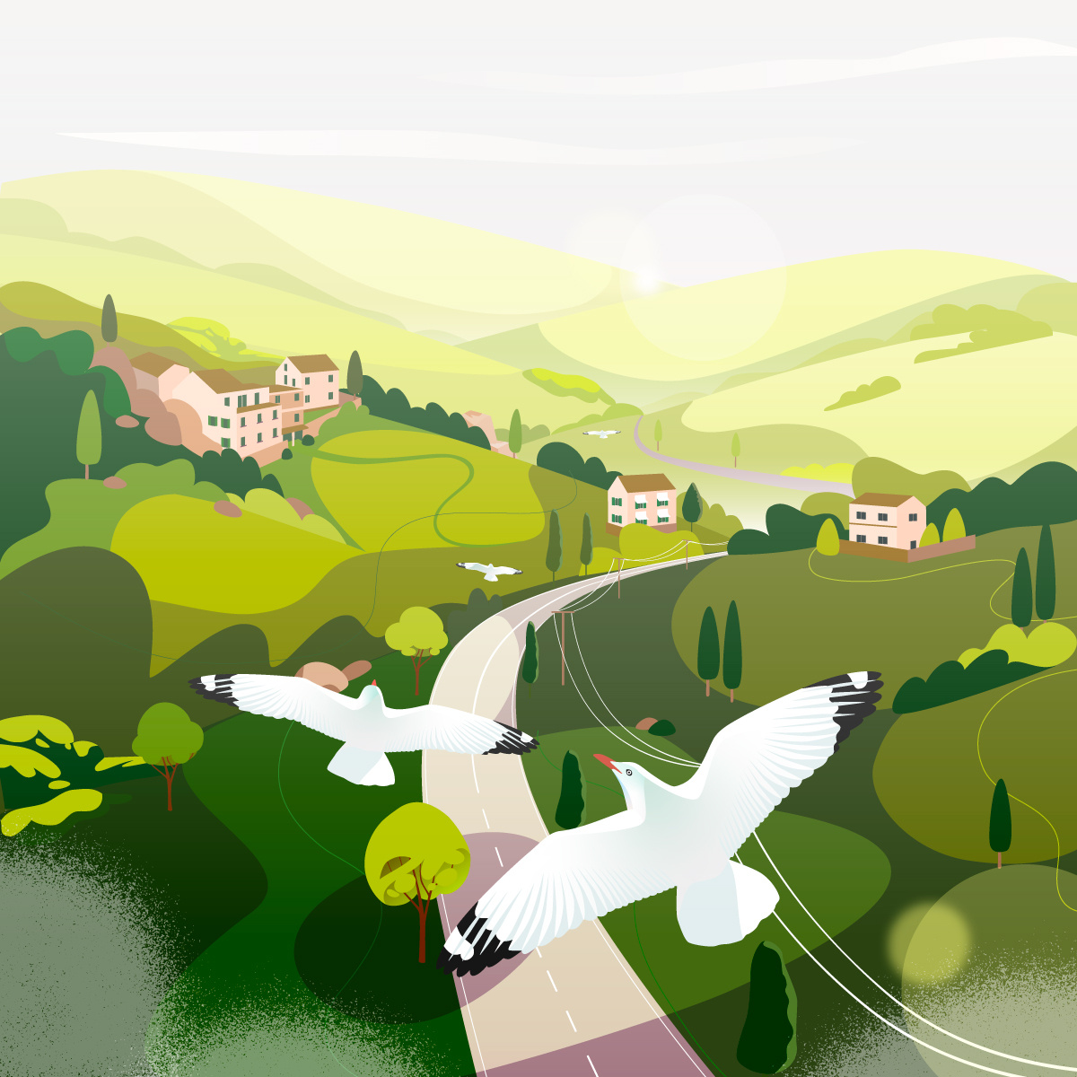 Over fields bird character design fields graphic illustration landscape nature pastel tree vector