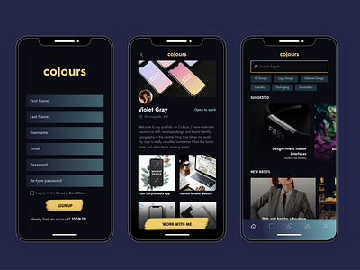 "Colours" - an App for Creatives to Connect and Collaborate adobe xd darkui login signup social media app