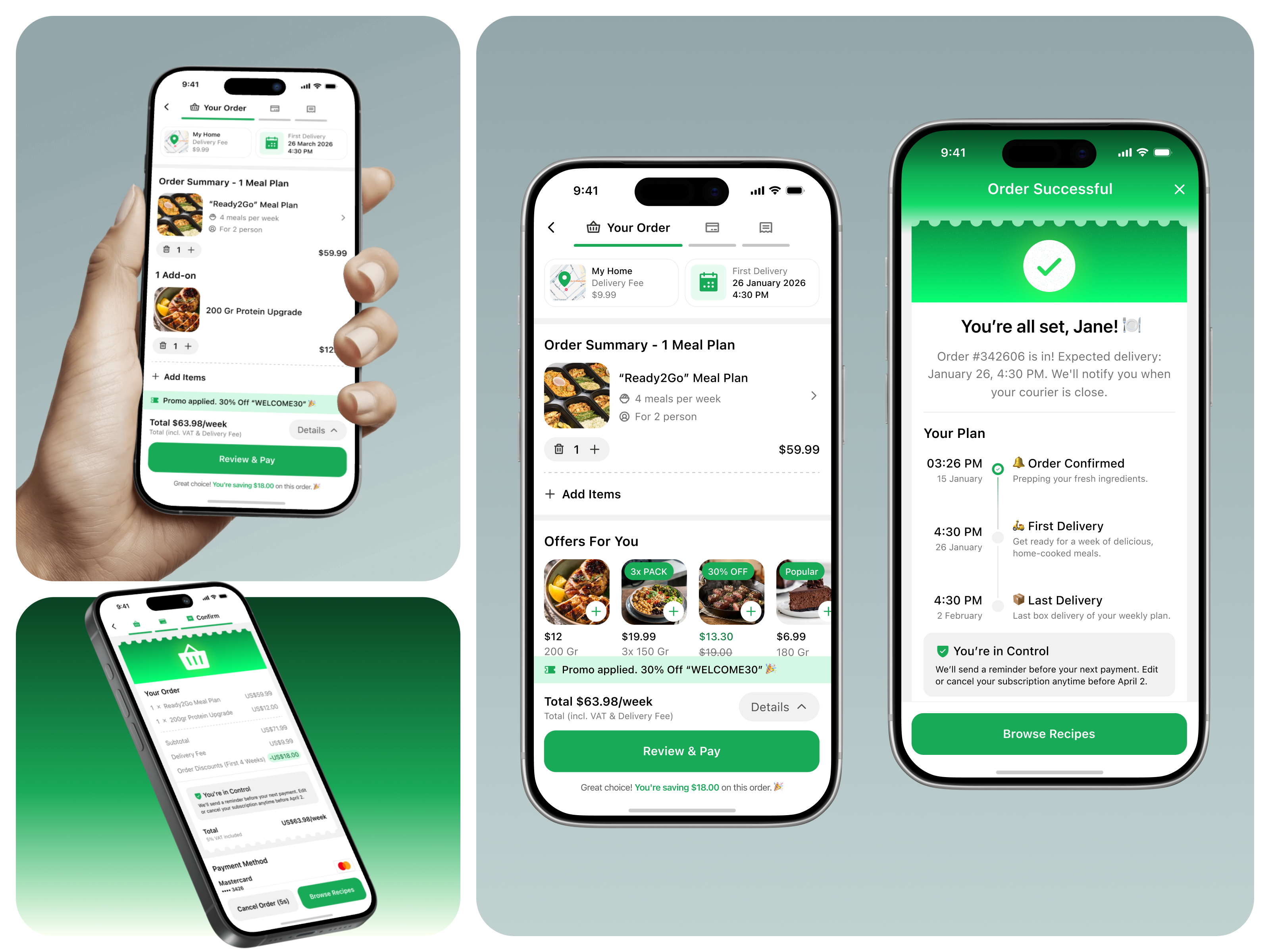 Mobile Order Summary & Checkout Flow checkout meal order subscription success timeline ui