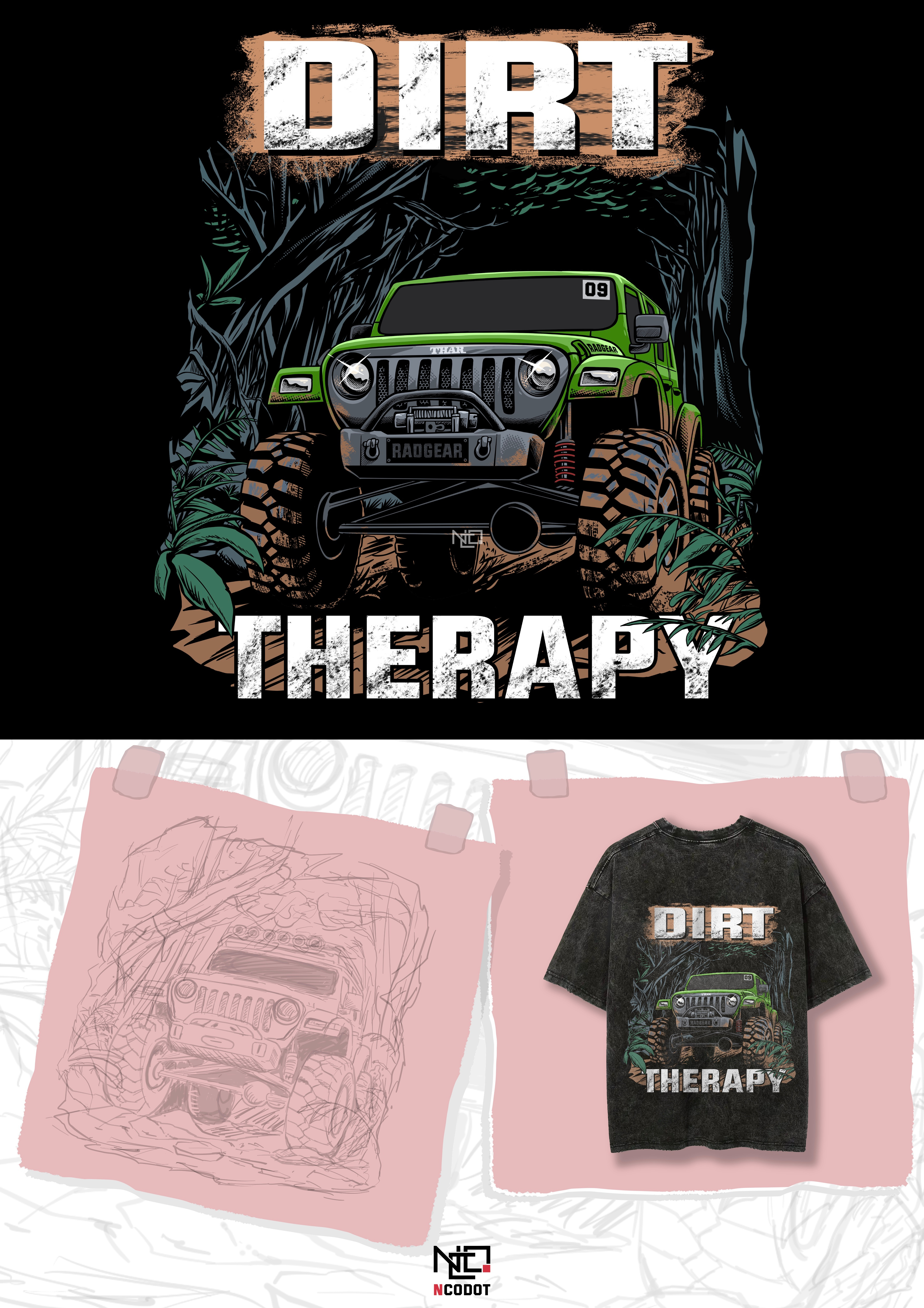 Dirt Therapy – Offroad Jeep T-Shirt Design for Radgear (Commissi adventure apparel artwork automotive branding graphic design illustration offroad outdoor overland poster streetwear tshirt design