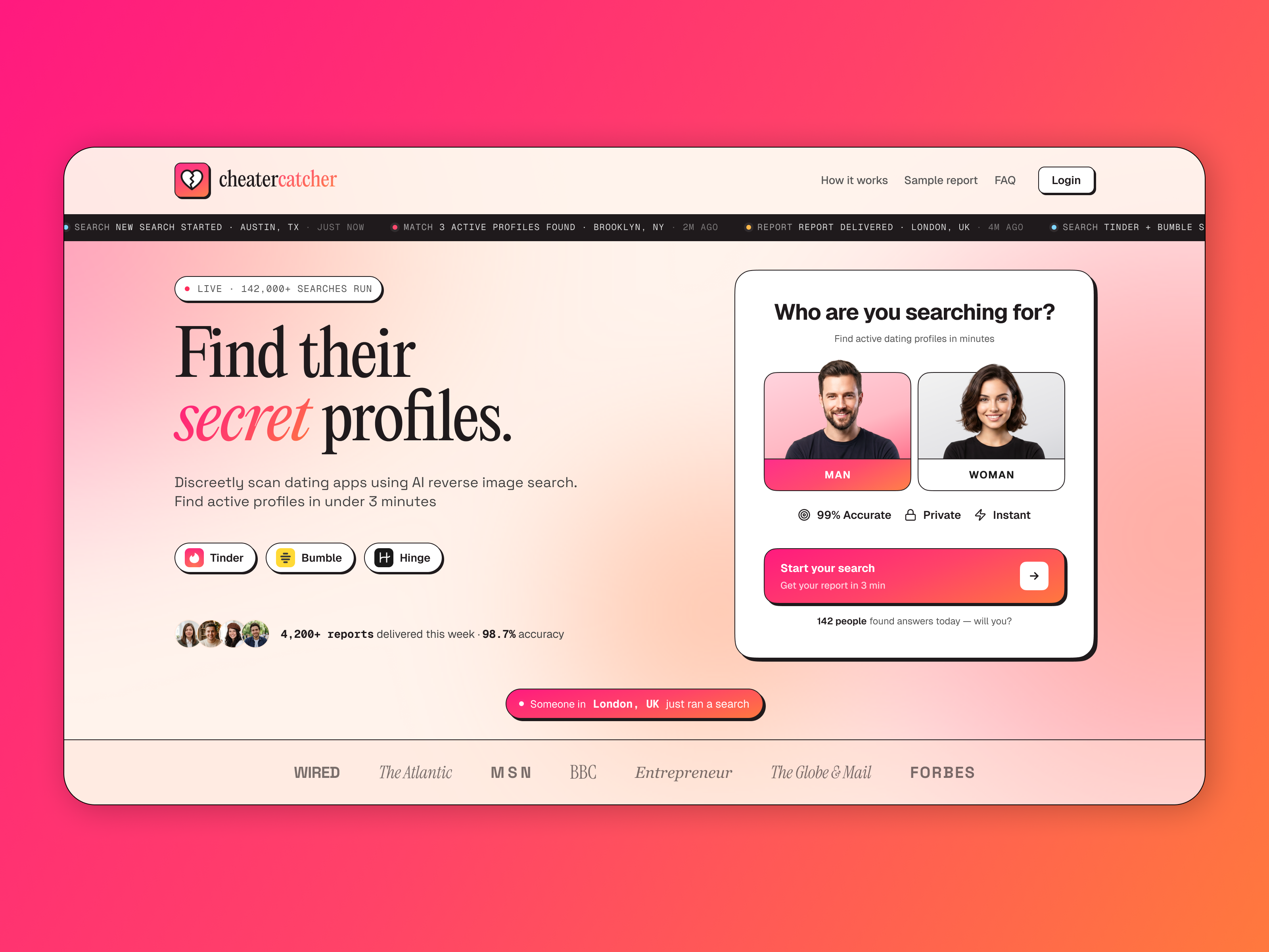 AI Dating Profile Finder UI/UX Design for Modern SaaS Startup ai dating app ui ai photo finder ai profile finder ai search engine ui bumble search claude design conversion focused design date dating dating app design grindr checker hinge dating app reverse reverse image search reverse profile saas ui design tinder checker tinder finder