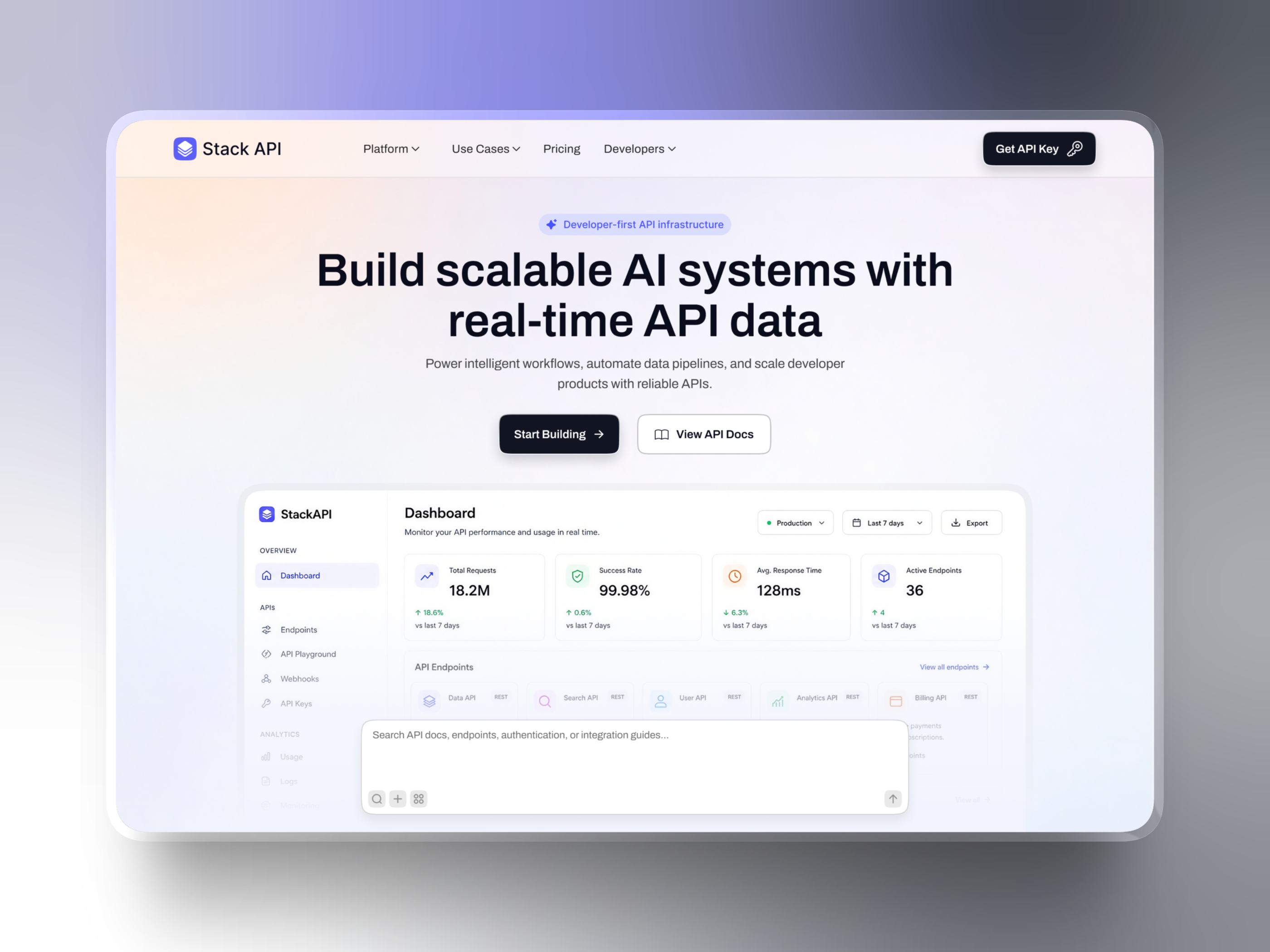 API Platform SaaS Landing Page | Developer Dashboard UIUX ai saas api platform developer tools interface product saas landing page service ui ux web