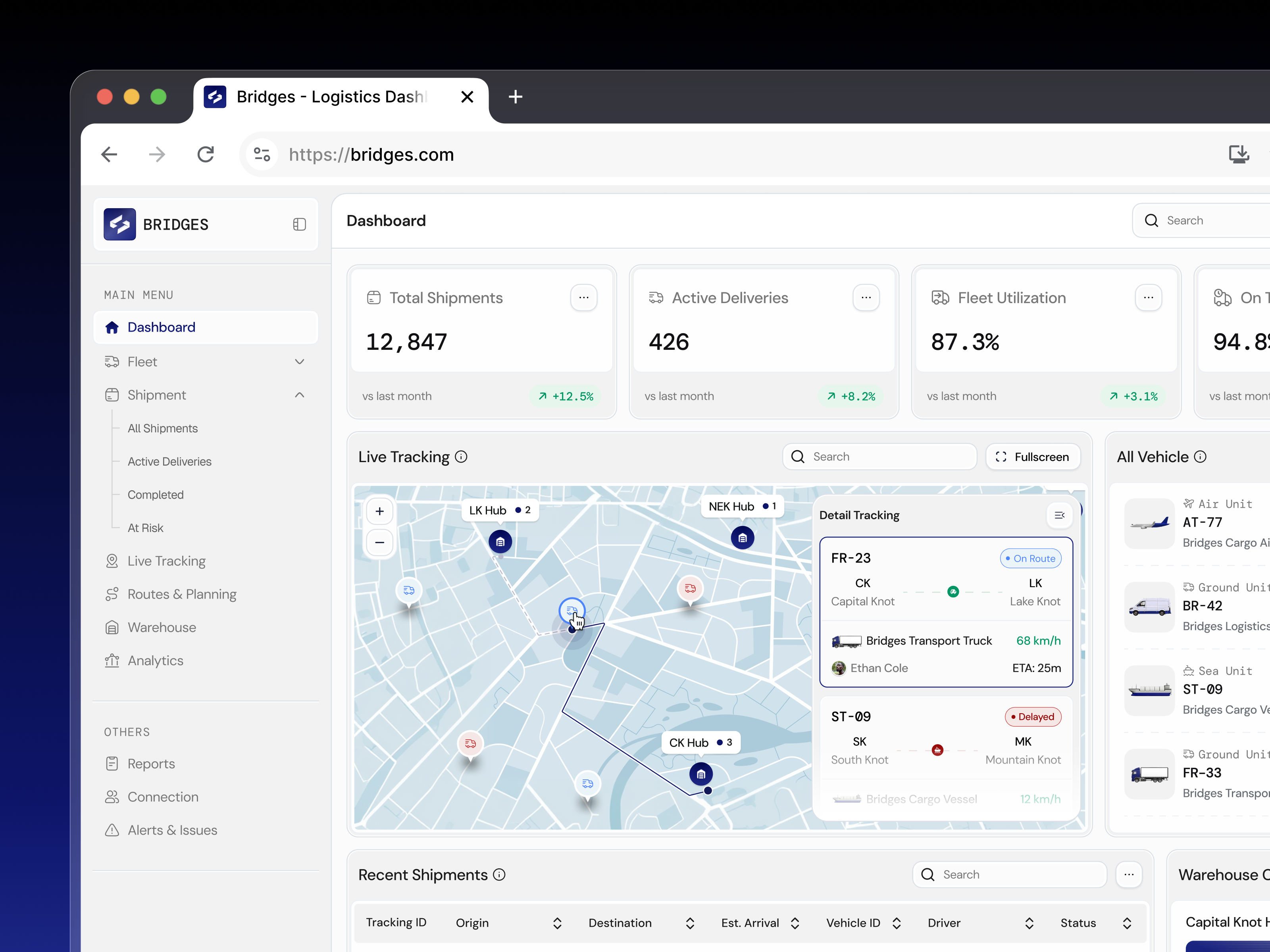 Bridges - Logistics Fleet & Delivery Control Tower Dashboard admin dashboard clean ui control tower dashboard data visualization death stranding delivery track enterprise dashboard fleet management live tracking logisctics dashboard map interface modern ui product design saas dashboard supply chain tracking dashboard transportation ui design ux design