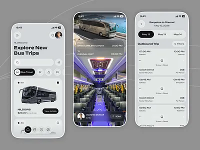 TravelBus – Ticket Booking Mobile UI app appdesign bookingapp bookingui busbookingapp mobileappui productdesign ticketbooking transportapp transportationui travelapp travelui ui uidesign uiuxdesign userexperience userinterface uxdesign web