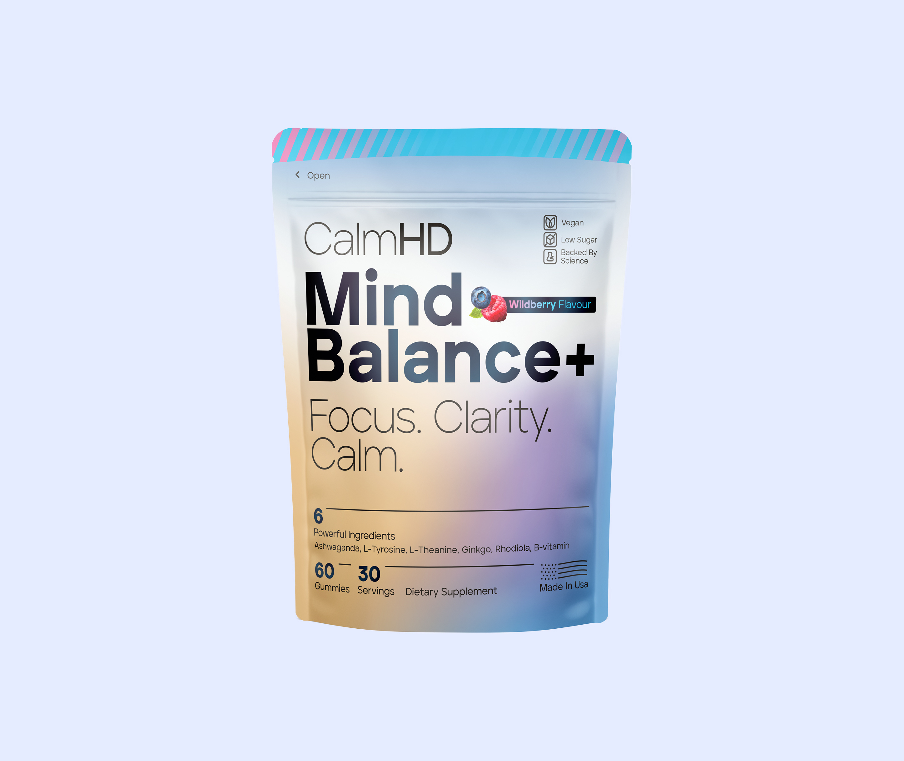 CalmHD Mind Balance+ Wildberry Supplement Packaging Design brandidentity healthproductdesign packagingdesign supplementbranding wellnesspackaging