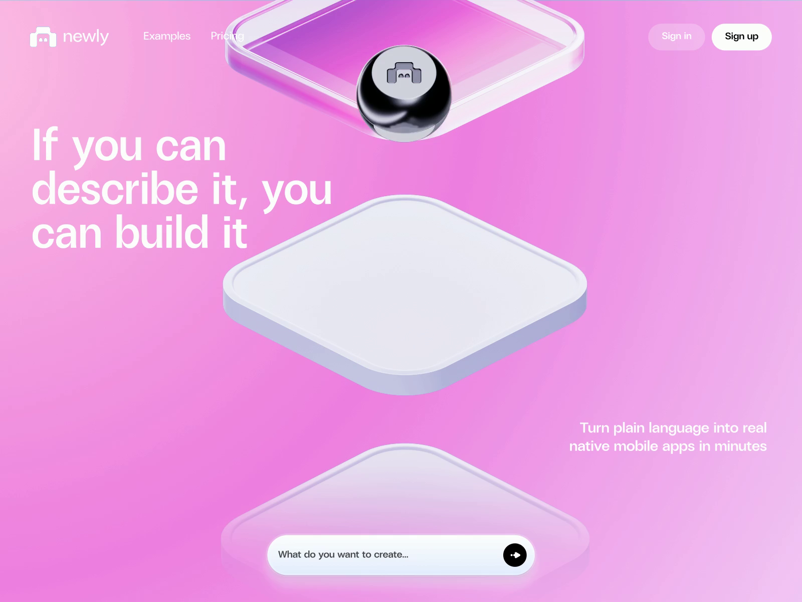 Newly ai app creation landing page web design 3d animation