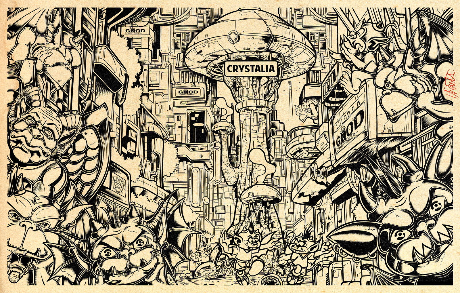 CRYSTALIA – GARGOYLE CITY black and white art character design cityscape comic art creature design crystalia david vicente detailed illustration digital art fantasy city gargoyle gargoyle city illustration ink drawing inking line art lowbrow art urban fantasy weird art worldbuilding