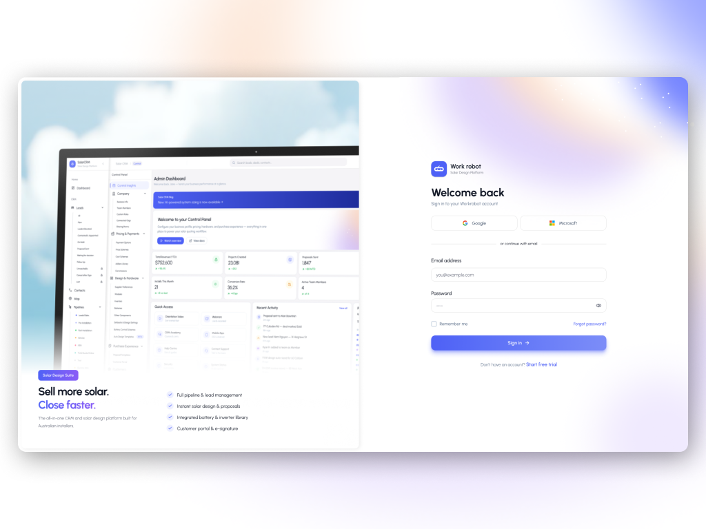 Modern SaaS Authentication – Sign In / Sign Up (Work robot) authentication ui crm design dashboard ui login ui minimal ui modern ui saas design signup form ui ui ux design ux design