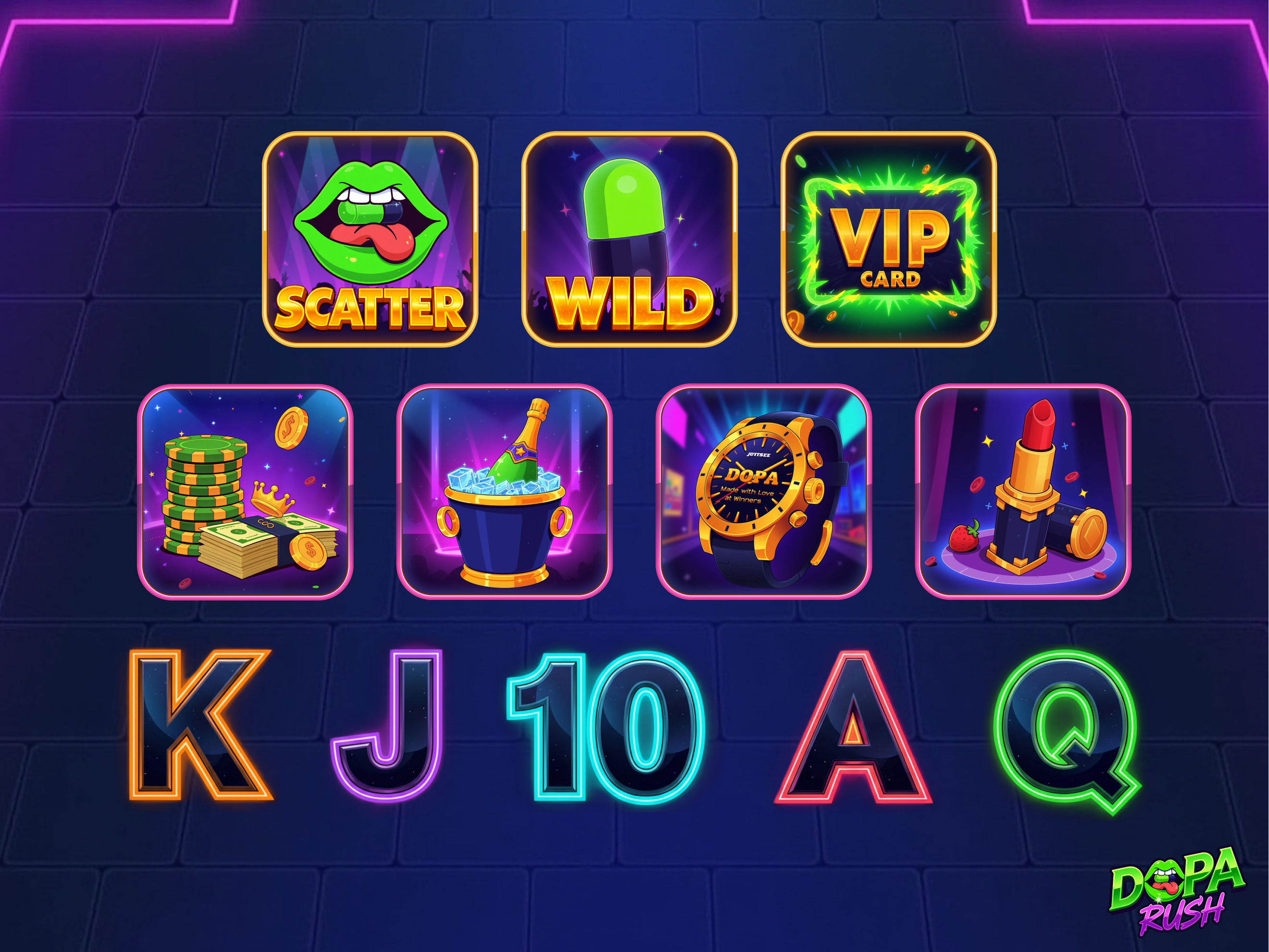 Slot Game Symbols | DOPA Rush cartoon casino colorful game assets game design game icon game ui icon icon design icons illustration mobile game neon nightclub slot game slot symbols symbols ui design