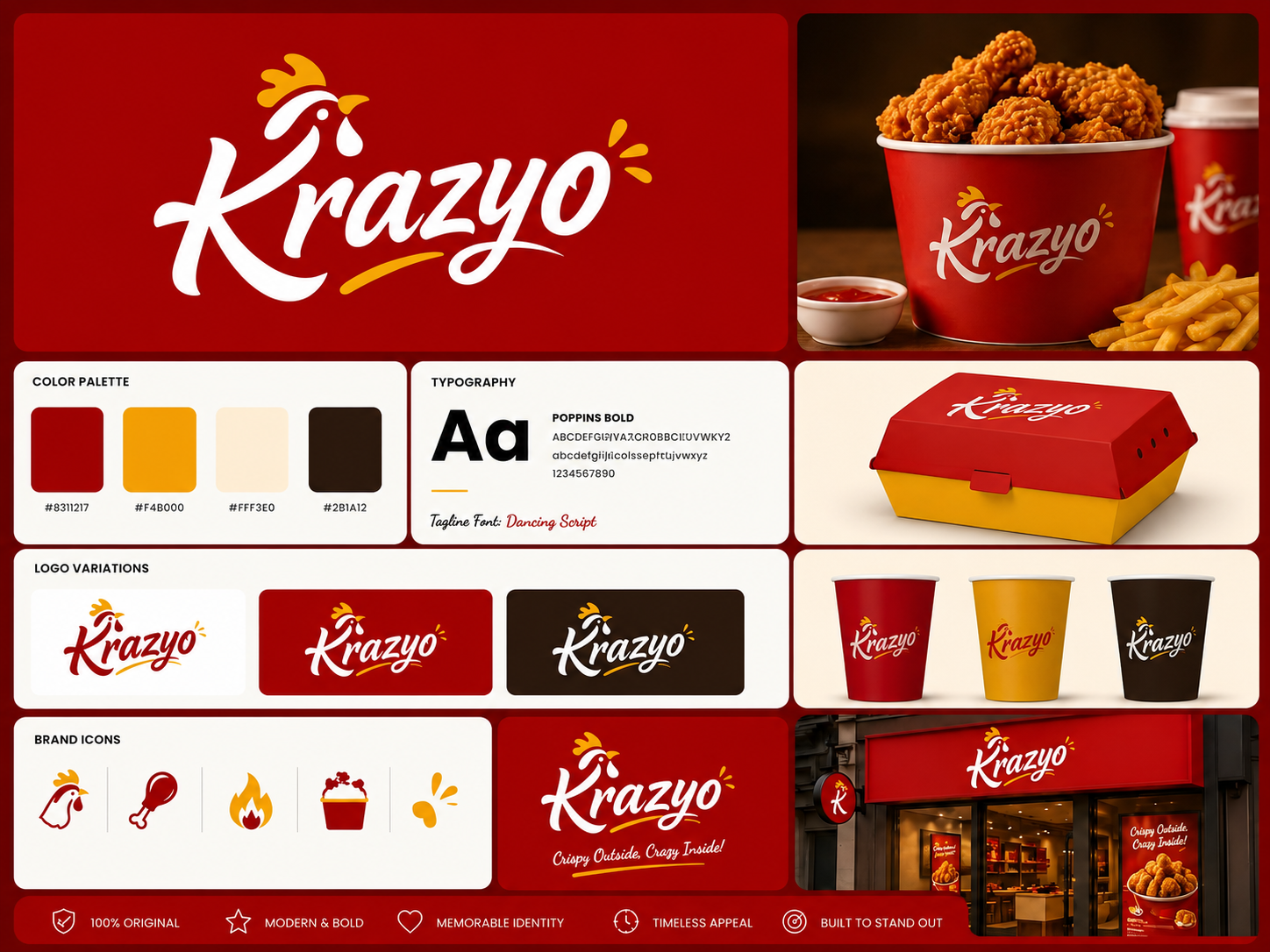 Krazyo – Bold Fast Food & Restaurant Brand Logo Identity brand identity design brand style guide branding fast food branding food brand mockup fried chicken brand logo presentation board modern restaurant branding packaging design restaurant logo design visual identity system