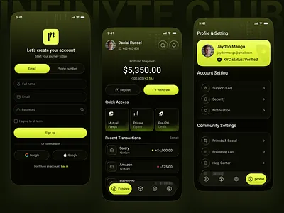 Investment App – Dark Mode UI/UX Design app design banking banking app dashboard data visualization digital wallet investment app investment tracking ios app mobile mobile app mobile app design modern design money managment payment product design saas design trust fund wallet app web
