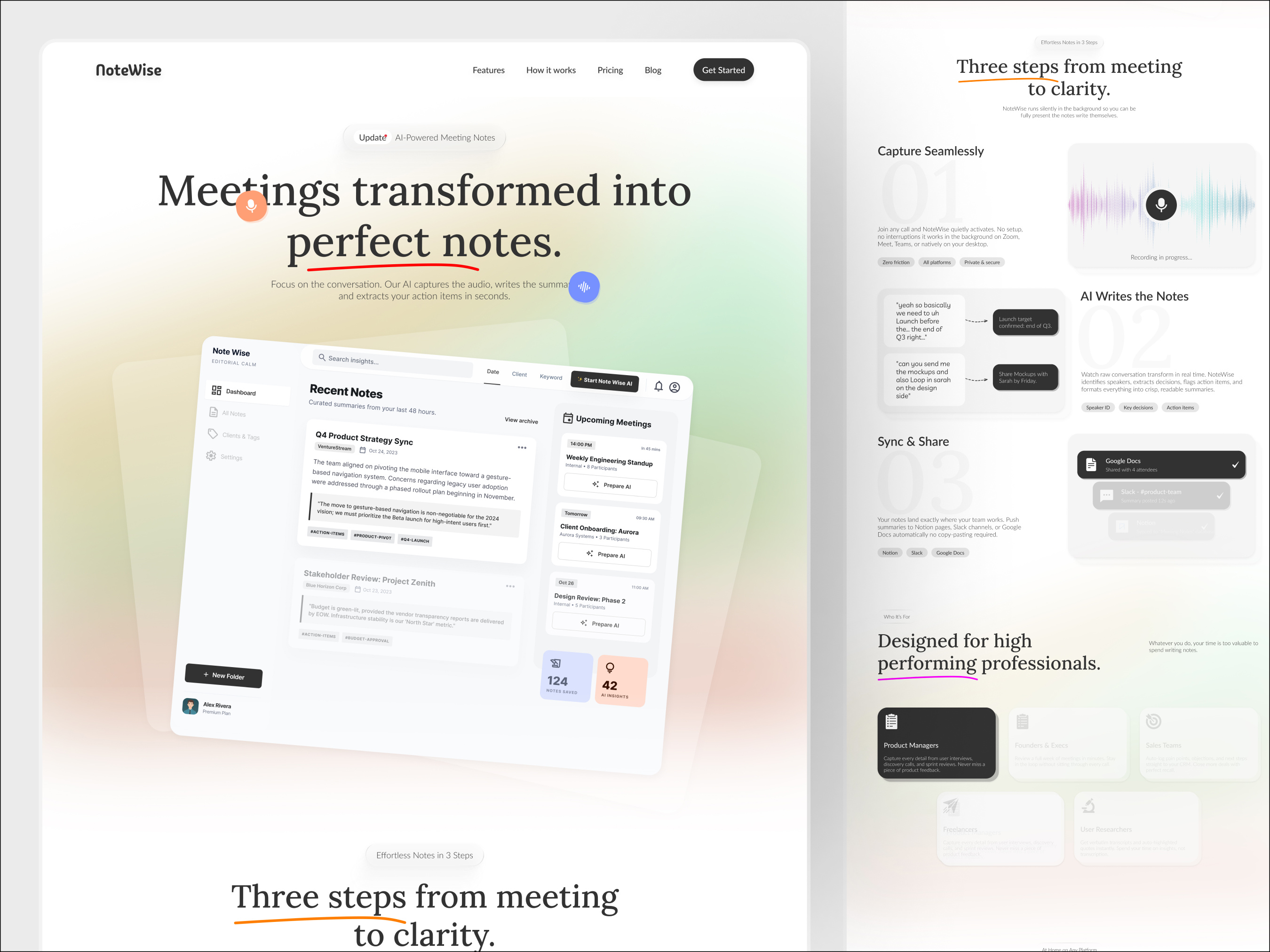 AI Meeting Note SaaS Landing Page ✦ NoteWise ai app ai meetingapp b2b business dashboard design landing page management meeting meetingapp product design sales software startupproduct ui ui design uiux design ux design web design webdesign
