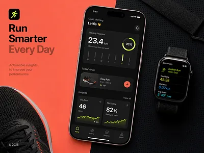 Running App Dark Mode UI activity app design apple watch charts clean dark mode dashboard data visualization fitness health interface ios mobile app running smartwatch sports tracker ui ui design ux