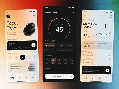 Productivity App Visual Focus Tracking 3d analytics app design clean dark mode dashboard gradient health interface ios minimal mobile app mobile design product design productivity tracking typography ui design ux wellness