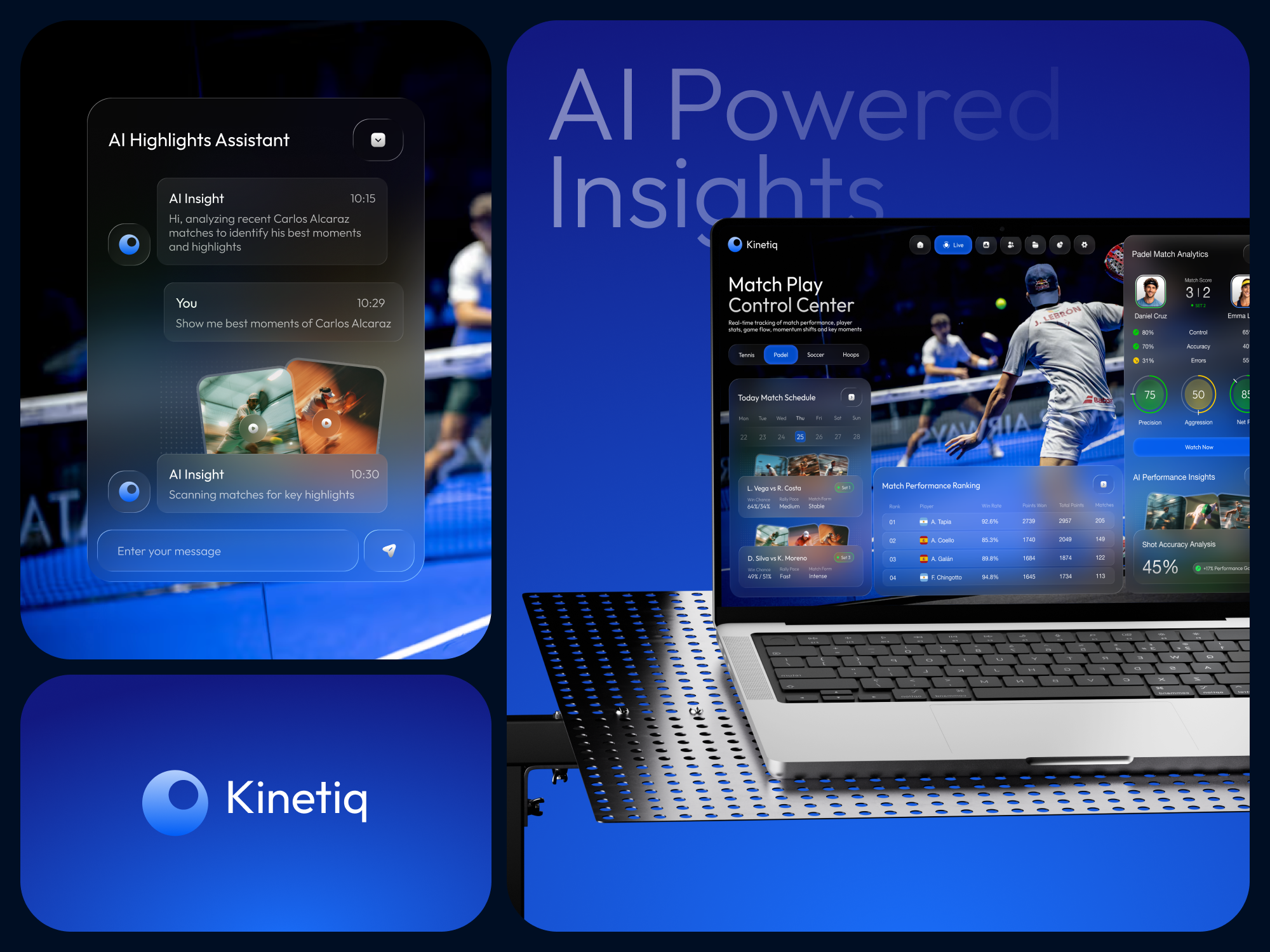 Kinetiq | AI-Powered Sports Insights & Desktop Control Center athlete performance app b2b sports saas coaching software ui data visualization uiux desktop ui design kpi dashboard app live sports tracking padel analytics premium dashboard application sports analytics dashboard sports dashboard ui sports tech uiux sports uiux tennis analytics app