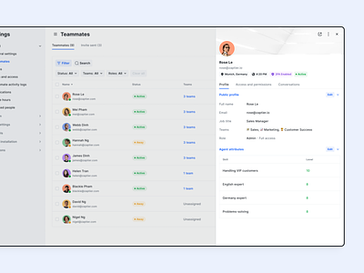 Preview and edit user profile - NamiQ App access accordion chatbot crm dashboard drawer permission profile role saas settings sidebar status table teammates teams teams management ui design user profile ux design