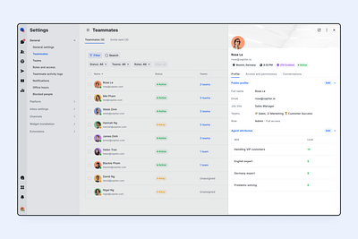 Preview and edit user profile - NamiQ App access accordion chatbot crm dashboard drawer permission profile role saas settings sidebar status table teammates teams teams management ui design user profile ux design