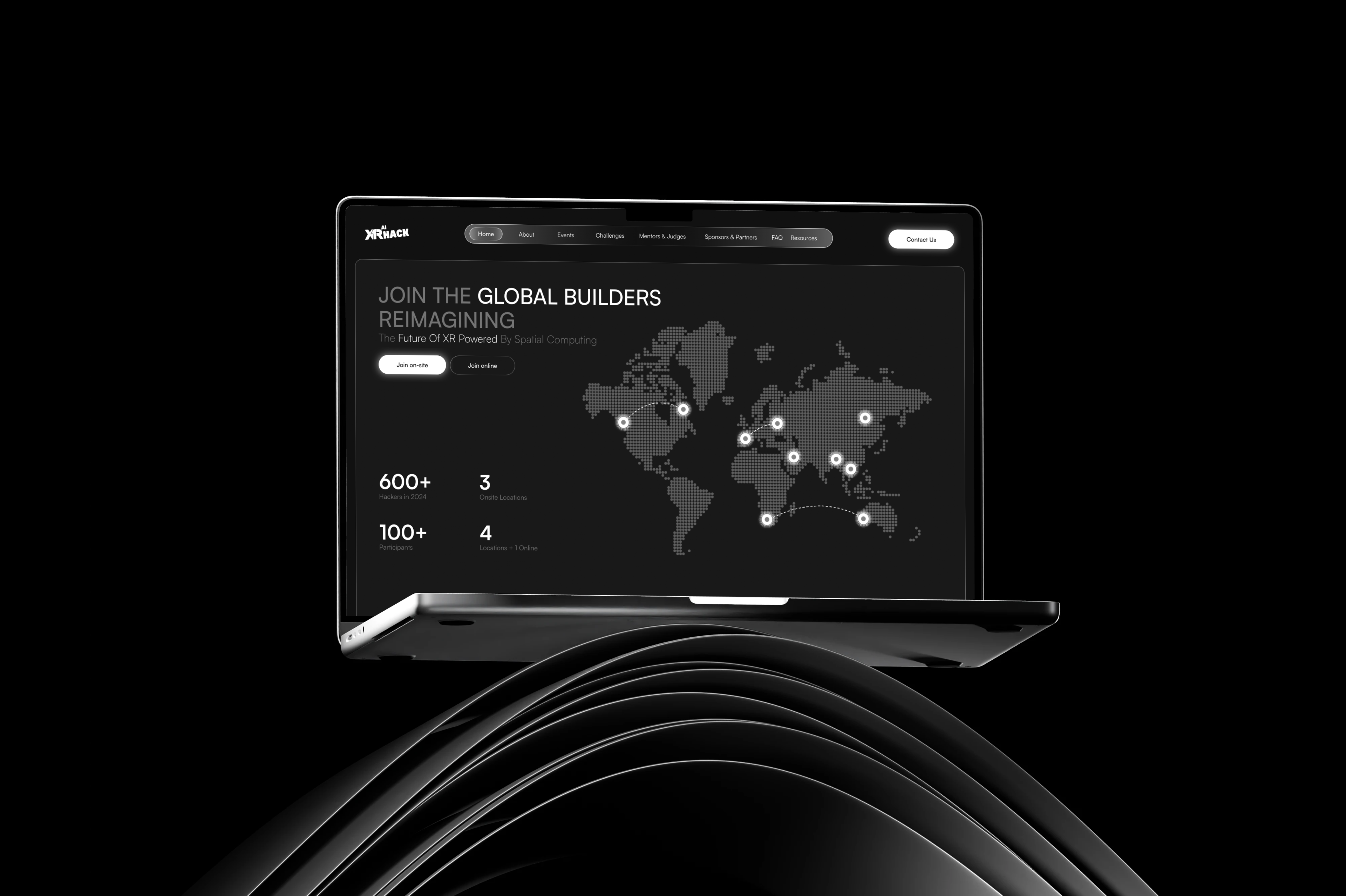 XR Hackathon Landing Page — Dark Tech Event UI 3d animation branding graphic design logo motion graphics ui