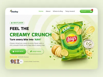 Snacksy – Creamy Crunch Snack Landing Page UI brand design clean ui creative design ecommerce design figma design food app food landing page food website hero section interface design landing page modern ui product design snack ui ui design ui inspiration ux design web design web ui website ui