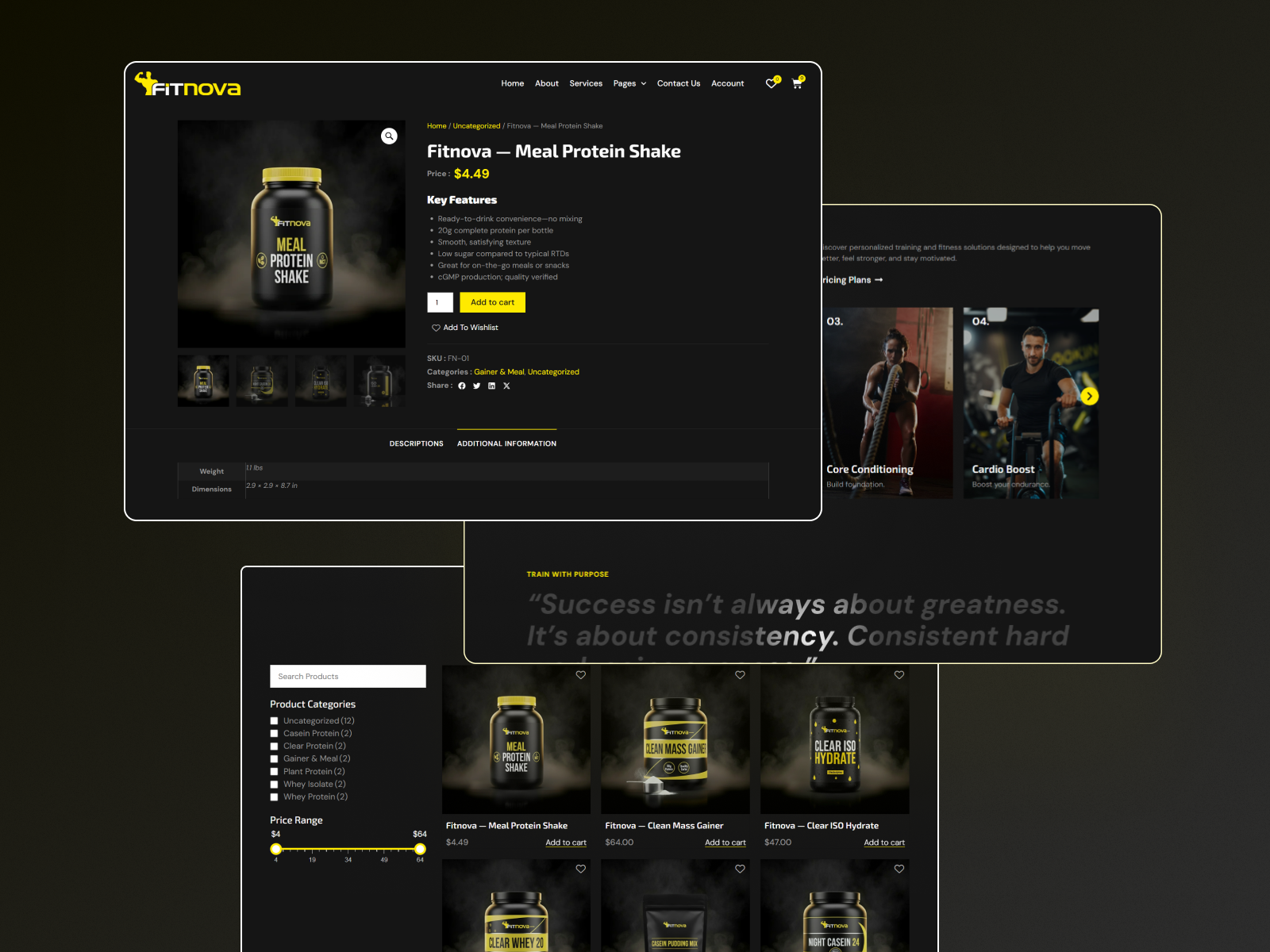 Fitness Supplements E-Commerce Website Design clean dark fitness ecommerce fitness fitness center website graphic design gym gym center gym ecommerce minimal product design raddito ui uiux ux web website website design website development wordpress website