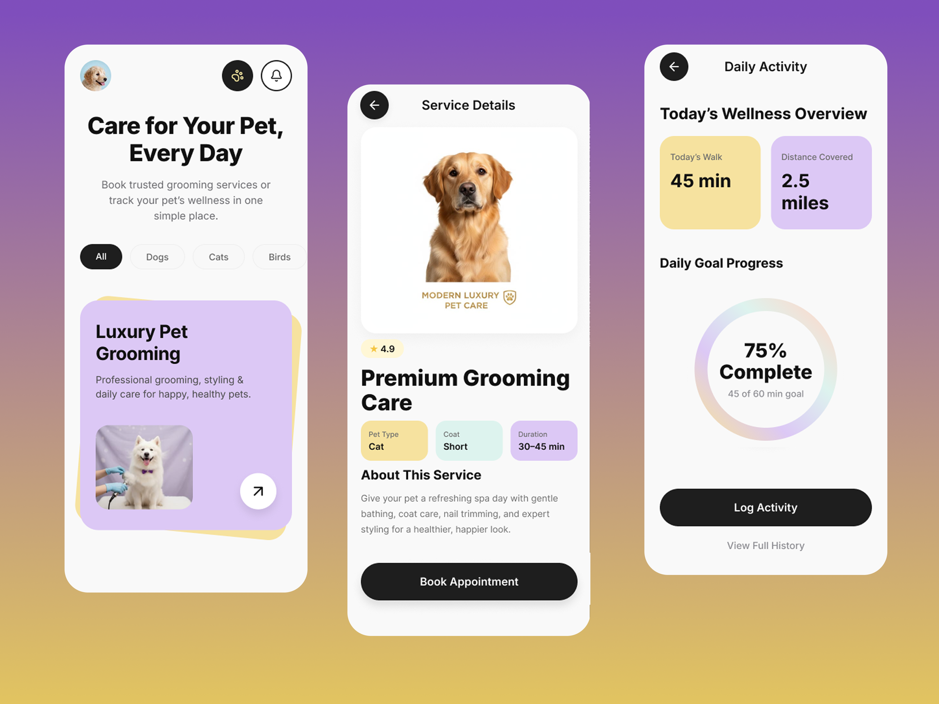 Luxury Pet Grooming & Wellness App Design | Modern Mobile UI Cas